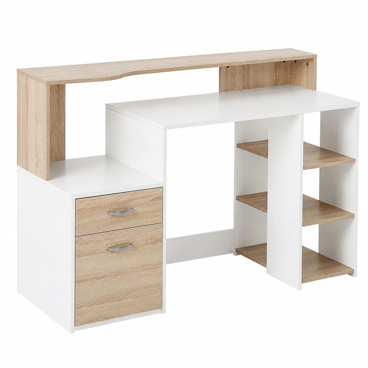 Bureau, avec rangement, avec tiroirs, avec étagères, en chêne, 137 x 55 x 92 cm, pour l’espace de travail