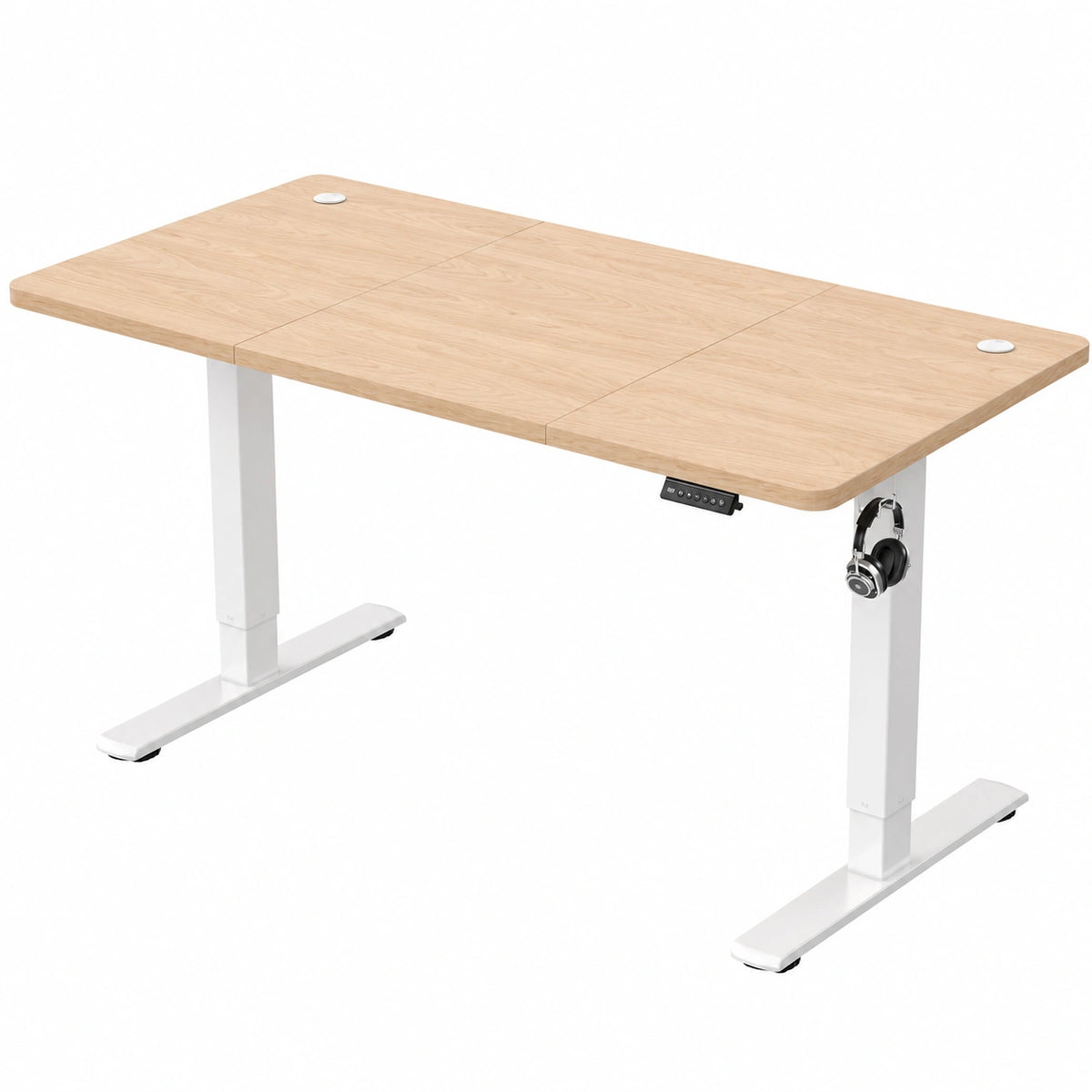 Bureau, réglable, avec prise intégrée, 140 x 60 cm, coloris beige, pour l’espace de travail