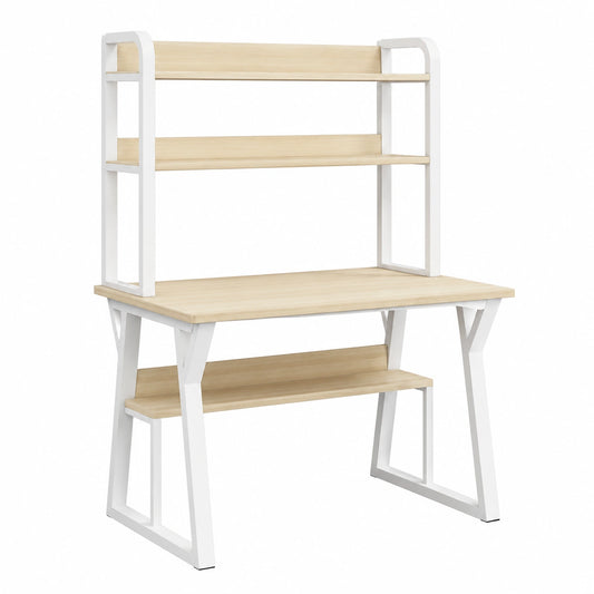 Bureau, avec rangement, avec étagères, coloris blanc et beige, 80 x 50 cm, pour l’espace de travail