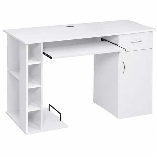 Bureau, avec rangement, avec tiroirs, avec étagères, en panneaux de bois, coloris blanc, 120 x 60 x 74 cm, pour l’espace de travail