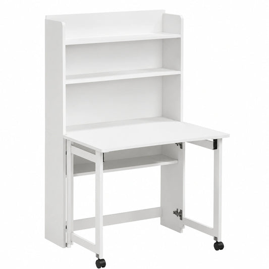 Bureau, pliable, avec rangement, avec étagères, coloris blanc, 80 x 69 x 155 cm, pour l’espace de travail