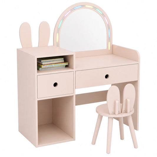 Coiffeuse, avec rangement, avec tiroirs, avec étagères, coloris rose, pour la chambre