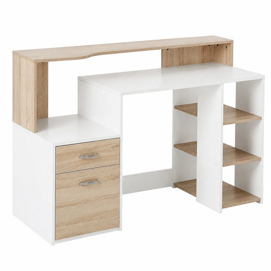 Bureau, avec rangement, avec tiroirs, avec étagères, en chêne, 137 x 55 x 92 cm, pour l’espace de travail