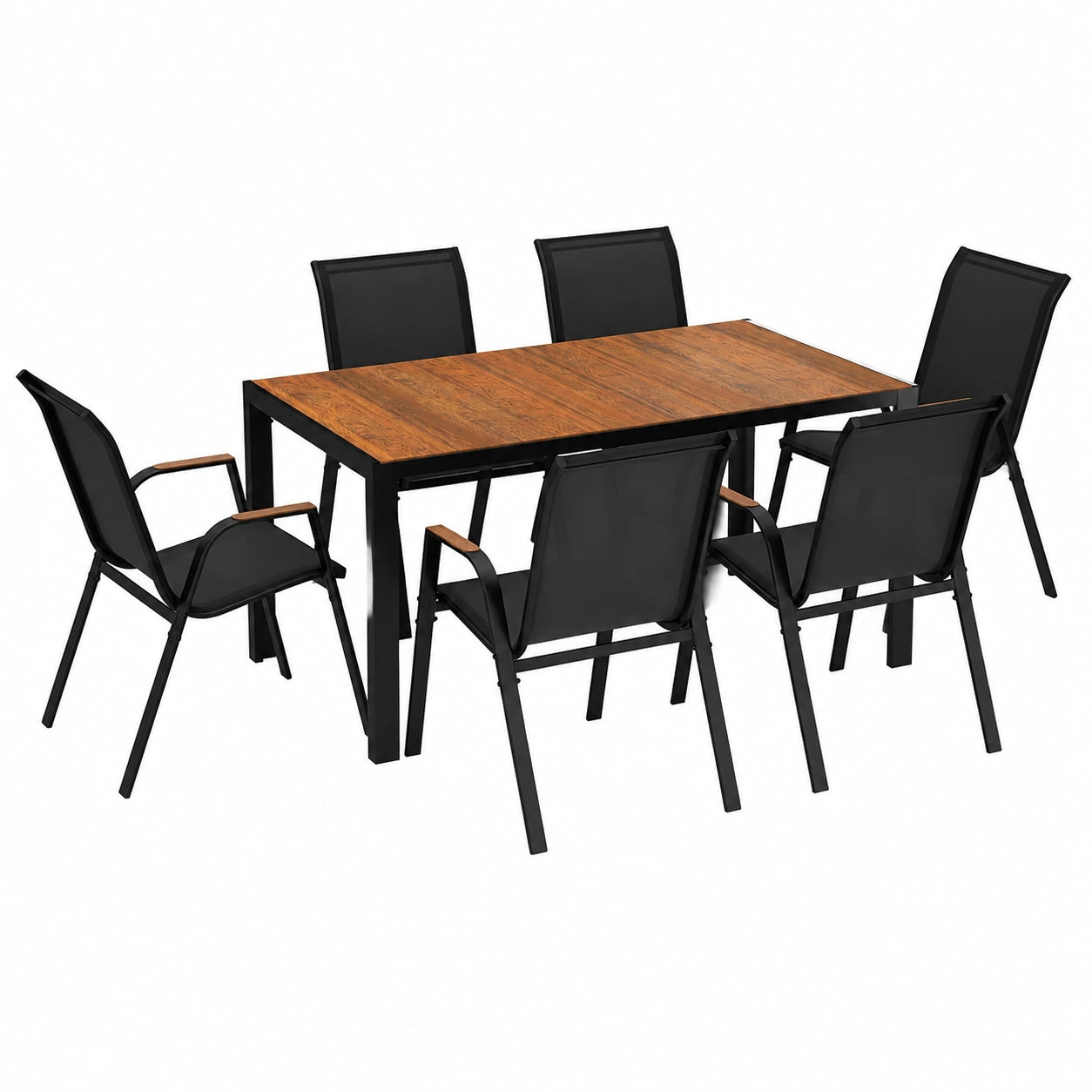 Salon de jardin, avec 6 chaises, en verre trempé, coloris noir, pour la terrasse ou le jardin