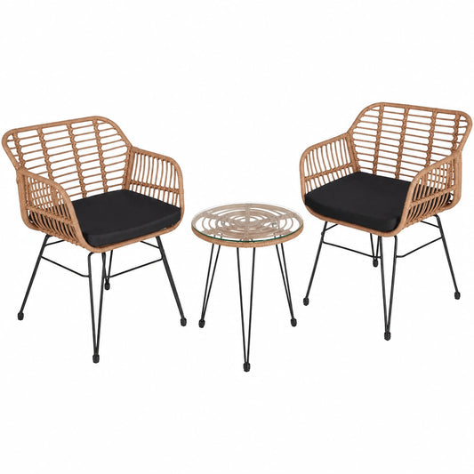 Salon de jardin, 3 pièces, en verre et résine tressée, pour la terrasse ou le jardin